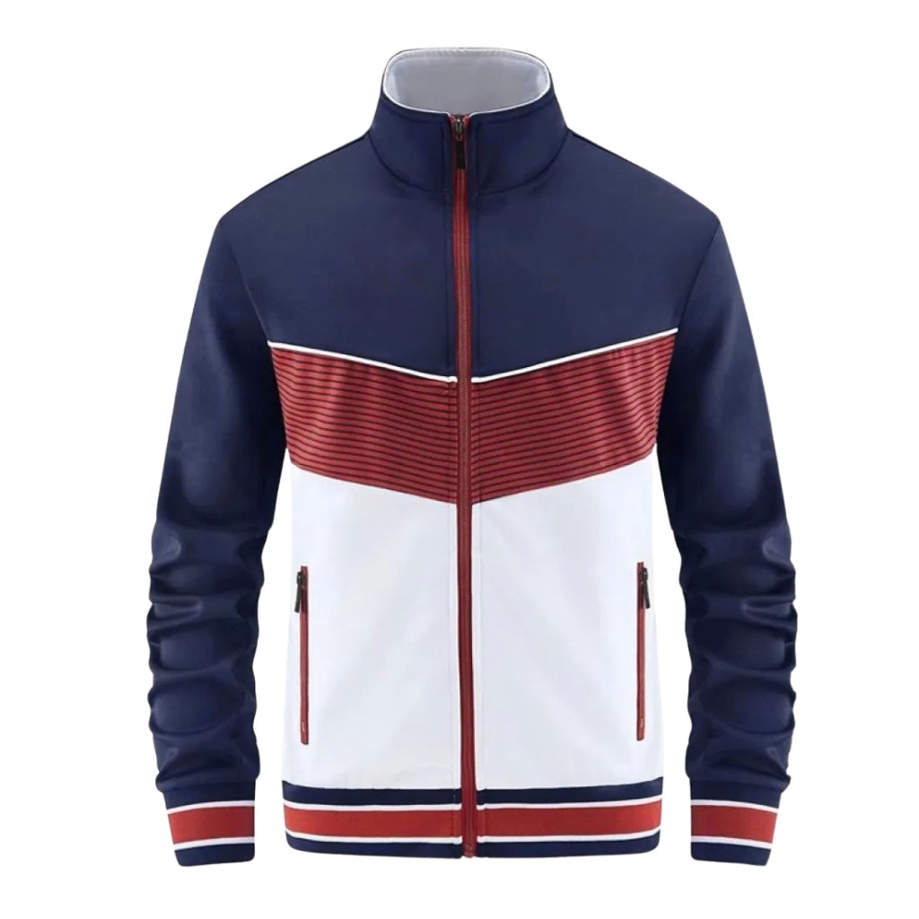 A stylish color-block jacket with a high collar, navy upper section, red striped chest panel, and white lower section. Navy sleeves with red zippered pockets and red-accents at the cuffs and hem.