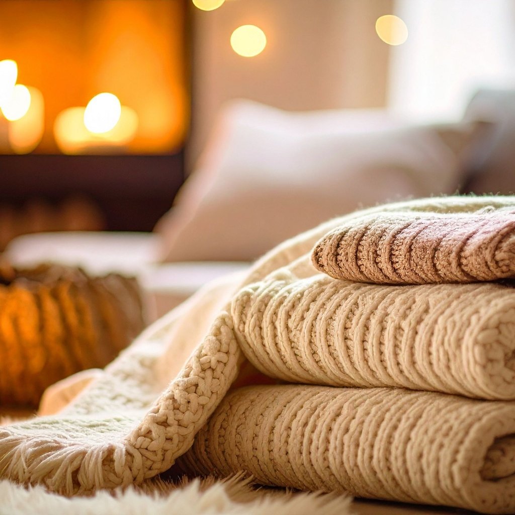  A cozy close-up of soft, knitted cream-colored blankets stacked on a bed, with warm bokeh lights and a blurred fireplace in the background. Thermal Comfort in Layering