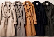Timeless Trench Coats: Style, Comfort, and Elegance Guide Five belted trench coats in a gradient of neutral colors (beige, taupe, camel, navy, and dark green) hanging side by side.