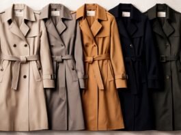 Five belted trench coats in a gradient of neutral colors (beige, taupe, camel, navy, and dark green) hanging side by side.
