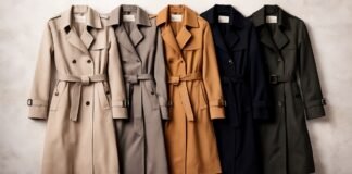 Timeless Trench Coats: Style, Comfort, and Elegance Guide Five belted trench coats in a gradient of neutral colors (beige, taupe, camel, navy, and dark green) hanging side by side.
