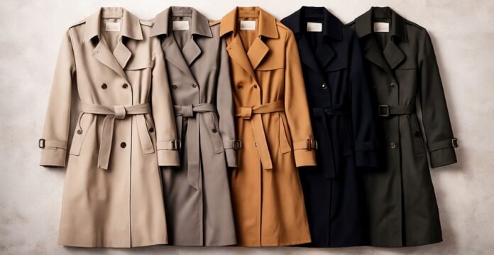 Five belted trench coats in a gradient of neutral colors (beige, taupe, camel, navy, and dark green) hanging side by side.