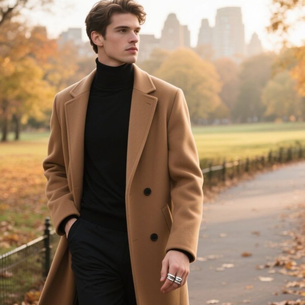 Topcoat Jackets Stylish Outerwear for a Sharp Seasonal Look 19 A stylish man walking in a park during autumn, wearing a camel overcoat and black turtleneck, with fall leaves on the ground.
