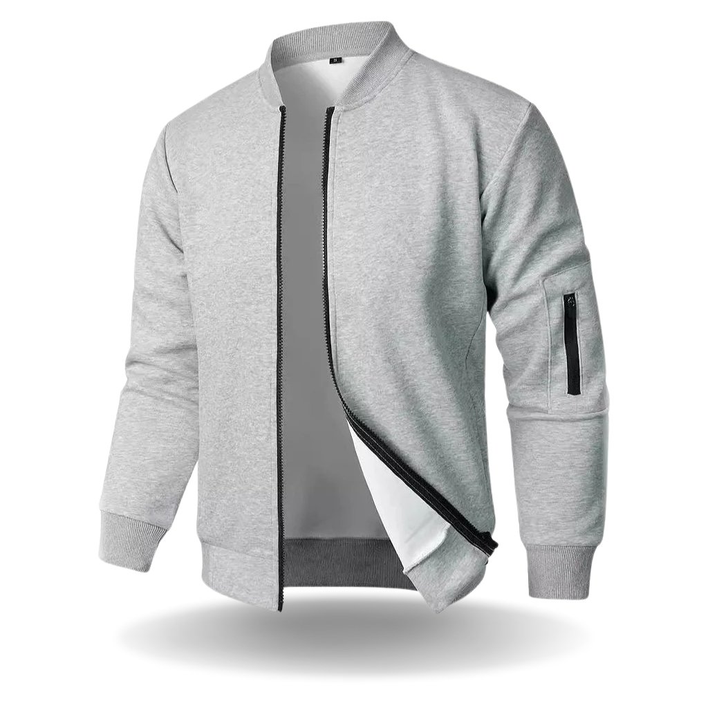 A light gray zip-up bomber jacket with a black zipper, ribbed cuffs and hem, and a small zip pocket on the left sleeve; the jacket is shown slightly open with a white inner lining.