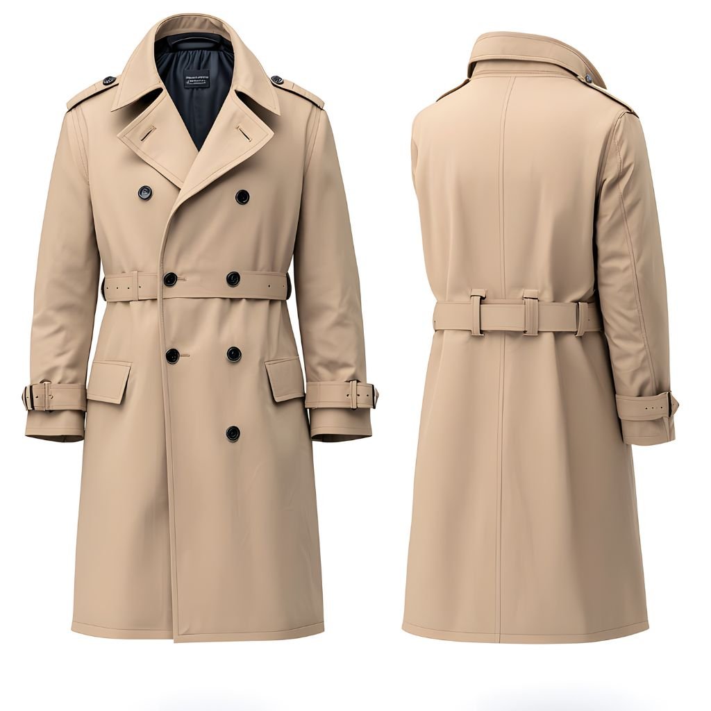 A beige double-breasted trench coat with a belt, shown from the front and back, featuring black buttons and rolled cuffs, set against a plain white background.