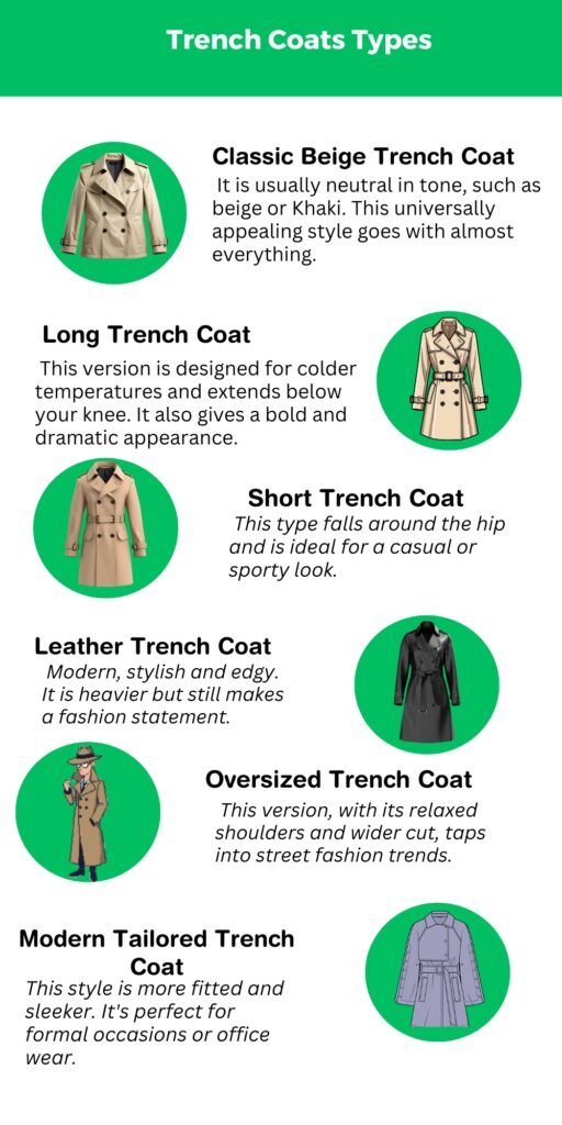 Infographic titled ‘Trench Coats Types’ showing six trench coat styles with circular green icons and descriptive text for Classic Beige, Long, Short, Leather, Oversized, and Modern Tailored Trench Coats.