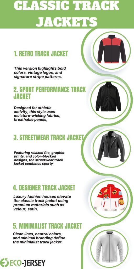 A vertical infographic listing five types of classic track jackets with circular photos on the right. Each item has a bold green header and a short description. Items are: 1) Retro Track Jacket with red/black color block, 2) Sport Performance Track Jacket in black, 3) Streetwear Track Jacket in gray leather look, 4) Designer Track Jacket in red/white premium materials, 5) Minimalist Track Jacket in light gray. At the bottom left is the Eco-Jersey logo.