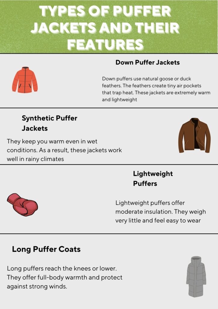 An infographic titled “Types of Puffer Jackets and Their Features,” showing four types of puffer jackets—down puffer jackets, synthetic puffer jackets, lightweight puffers, and long puffer coats—each with an icon and a short description of its features.Puffer Jackets