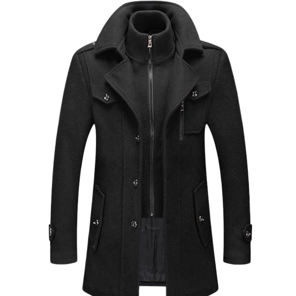 A black, knee-length wool coat with a high funnel collar and multiple front pockets, featuring a zip closure and buttoned storm flaps.