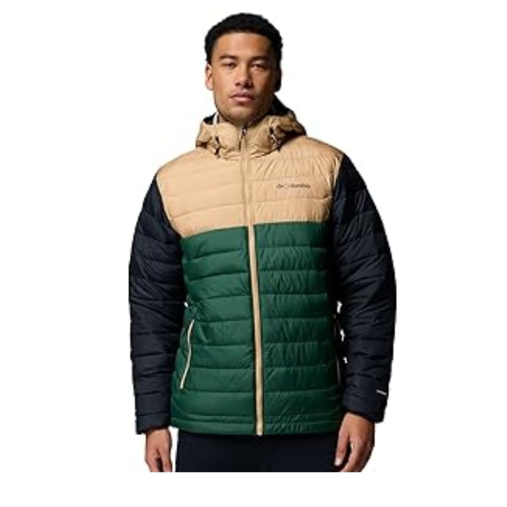 Waterproof or Water-Resistant Puffers: What You Should Know 26 A man wearing a color-blocked puffer jacket with a beige hood and shoulders, green body, and black sleeves, standing against a plain white background.Waterproof or Water-Resistant Puffers