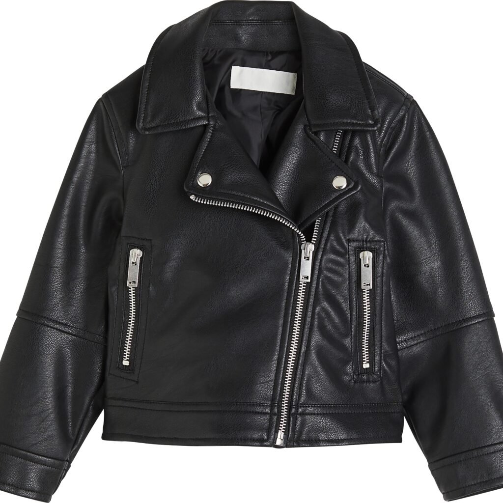 Ladhar Jacket: Premium Style & Comfort for Every Season 4 A black faux-leather biker jacket with an asymmetric silver zipper, wide notch lapels, and multiple zippered pockets. The jacket has a cropped silhouette and visible seam details.