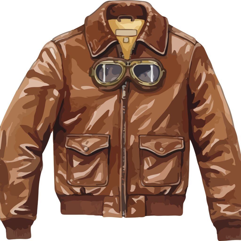 Ladhar Jacket: Premium Style & Comfort for Every Season 5 "Brown leather bomber jacket with ribbed cuffs and two front pockets; a pair of vintage aviator goggles resting on the chest."