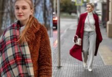 History of Winter Fashion Trends and How They Evolved Today! Two women showcasing winter fashion: one wearing a brown teddy coat with a red-and-green plaid scarf in a snowy outdoor setting, and another walking in an urban street wearing a long red coat, white turtleneck, gray pants, and carrying a white handbag.History of Winter Fashion Trends