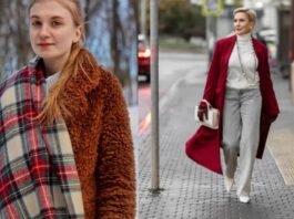 Two women showcasing winter fashion: one wearing a brown teddy coat with a red-and-green plaid scarf in a snowy outdoor setting, and another walking in an urban street wearing a long red coat, white turtleneck, gray pants, and carrying a white handbag.History of Winter Fashion Trends