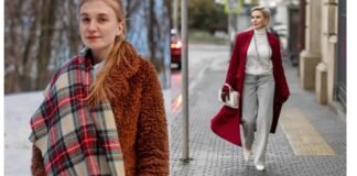 History of Winter Fashion Trends and How They Evolved Today! Two women showcasing winter fashion: one wearing a brown teddy coat with a red-and-green plaid scarf in a snowy outdoor setting, and another walking in an urban street wearing a long red coat, white turtleneck, gray pants, and carrying a white handbag.History of Winter Fashion Trends