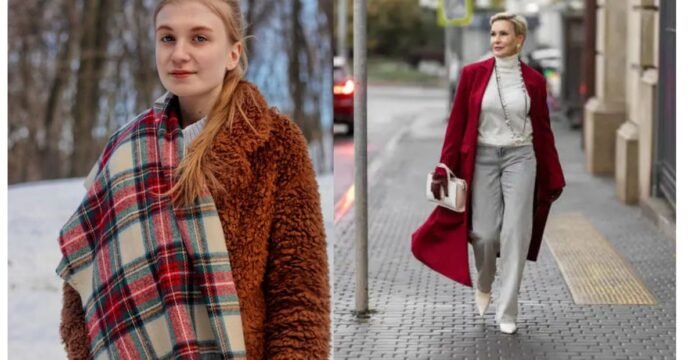 Two women showcasing winter fashion: one wearing a brown teddy coat with a red-and-green plaid scarf in a snowy outdoor setting, and another walking in an urban street wearing a long red coat, white turtleneck, gray pants, and carrying a white handbag.History of Winter Fashion Trends