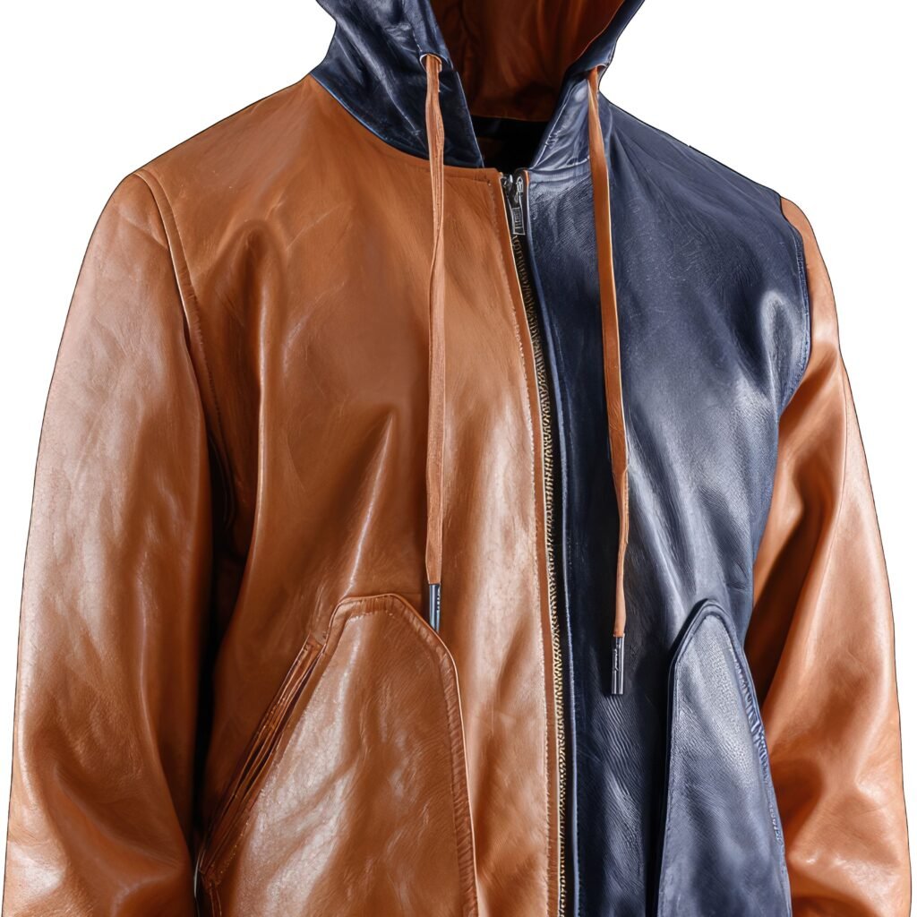 A two-tone vintage-style leather field jacket with brown and dark blue panels, a front zipper, a hood with tan drawstrings, and large front pockets.