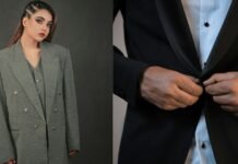 Tuxedo Jacket Guide: Timeless Styles for Modern Formal Wear A woman wearing an oversized grey double-breasted blazer stands confidently, while next to her a man buttoning a black tuxedo jacket is shown in a close-up.Tuxedo Jacket