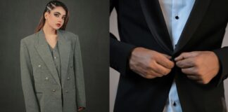Tuxedo Jacket Guide: Timeless Styles for Modern Formal Wear A woman wearing an oversized grey double-breasted blazer stands confidently, while next to her a man buttoning a black tuxedo jacket is shown in a close-up.Tuxedo Jacket