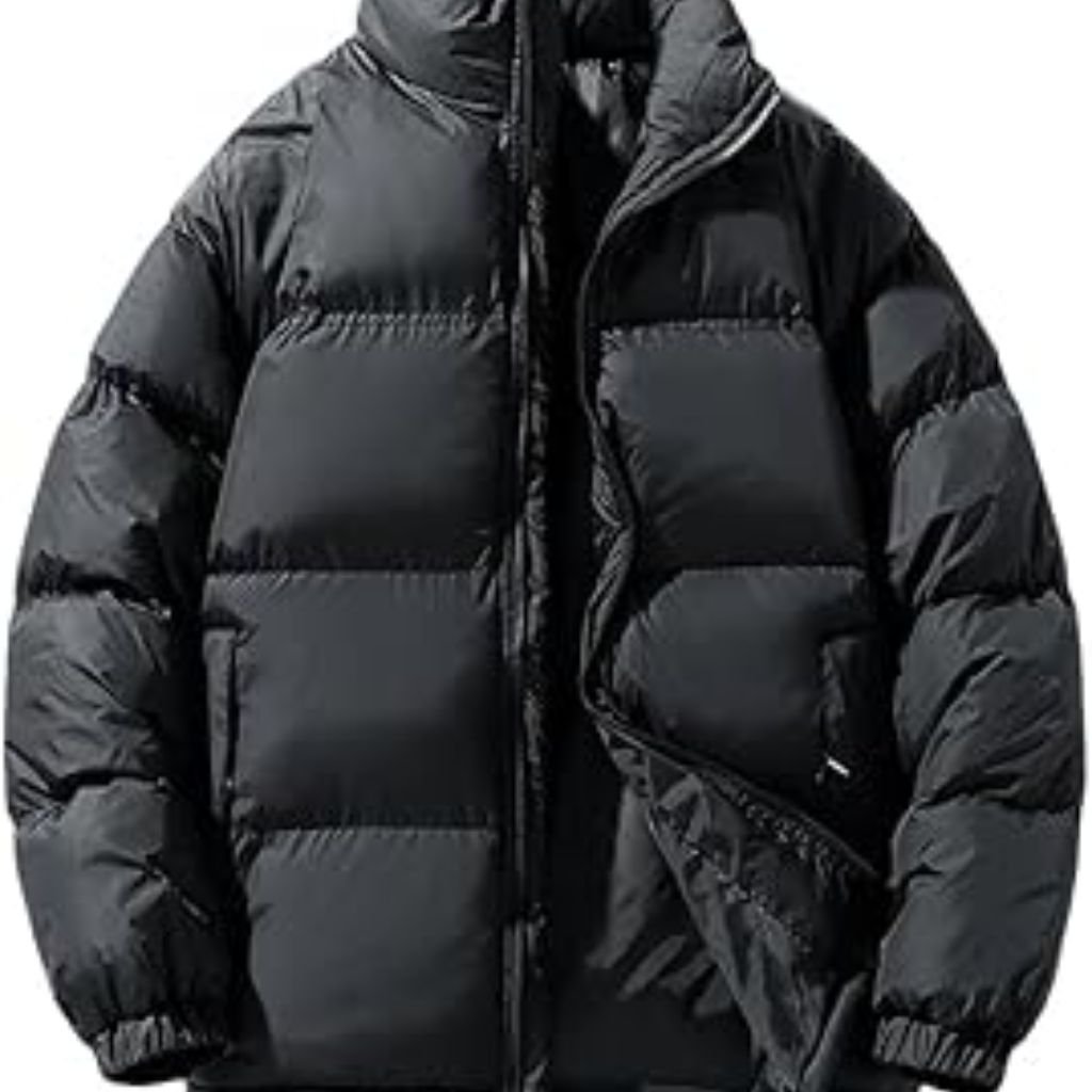 Black puffer jacket with a high collar and front zipper, shown partially unzipped to display its padded, quilted design.