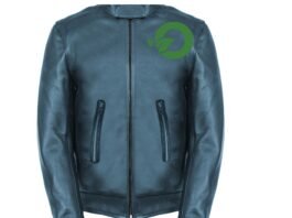 "Blue-green leather jacket with a front zipper and two diagonal zip pockets