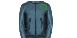 Urban Field Leather Jacket: Sleek Fashion , Everyday Street "Blue-green leather jacket with a front zipper and two diagonal zip pockets