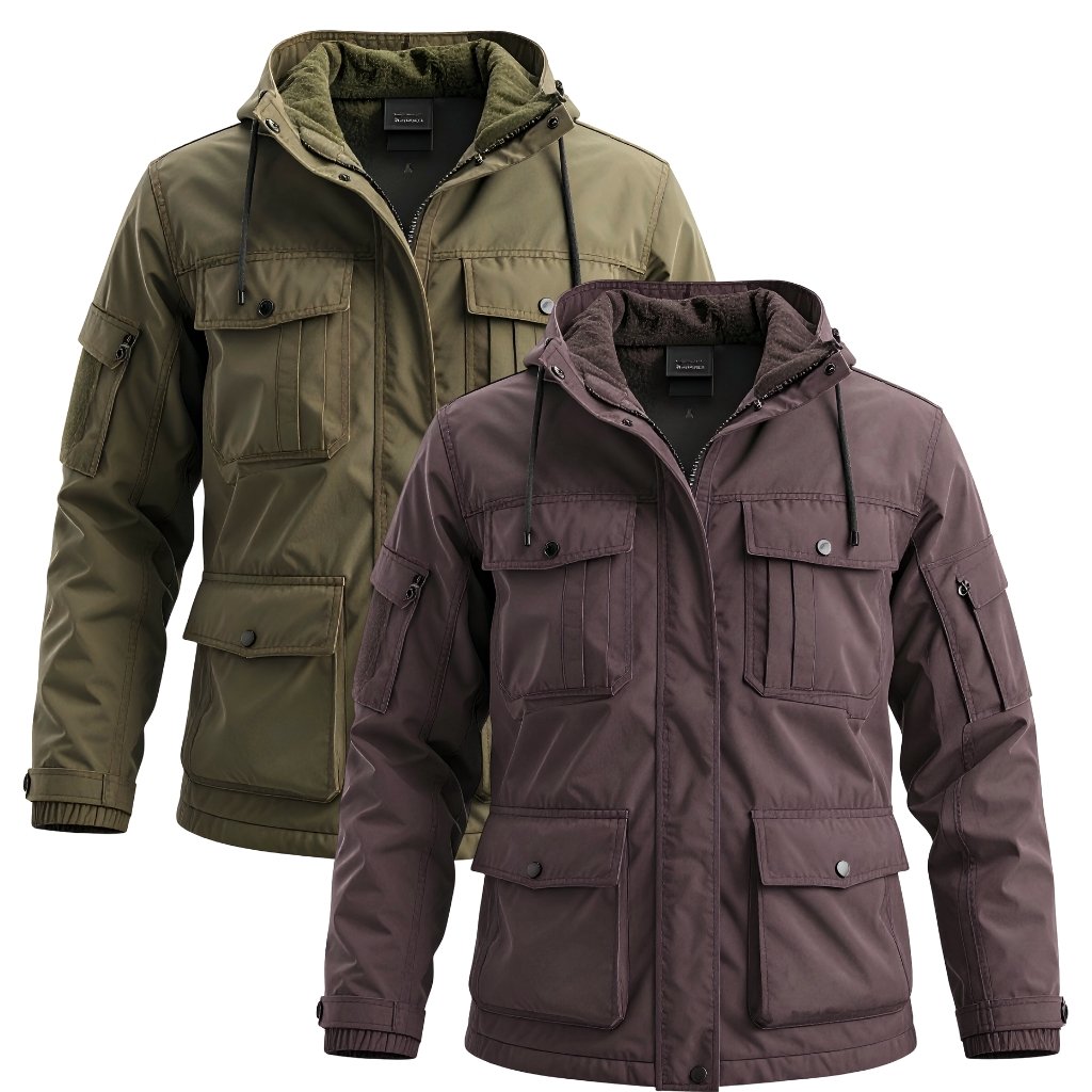 Two men's winter jackets in olive green and mauve mauve, shown from the front with multiple pockets, zippers, and adjustable cuffs.