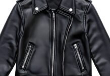 Vintage Field Leather Jacket: Rugged Heritage Meet Style "Close-up of a vintage black leather biker jacket featuring a wide collar with silver snap studs, diagonal zip pockets, and a central metal zipper."