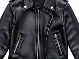 "Close-up of a vintage black leather biker jacket featuring a wide collar with silver snap studs, diagonal zip pockets, and a central metal zipper."