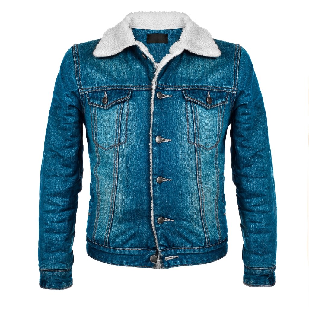 Blue denim jacket with white sherpa lining, button-front closure, and two chest pockets against a white background.