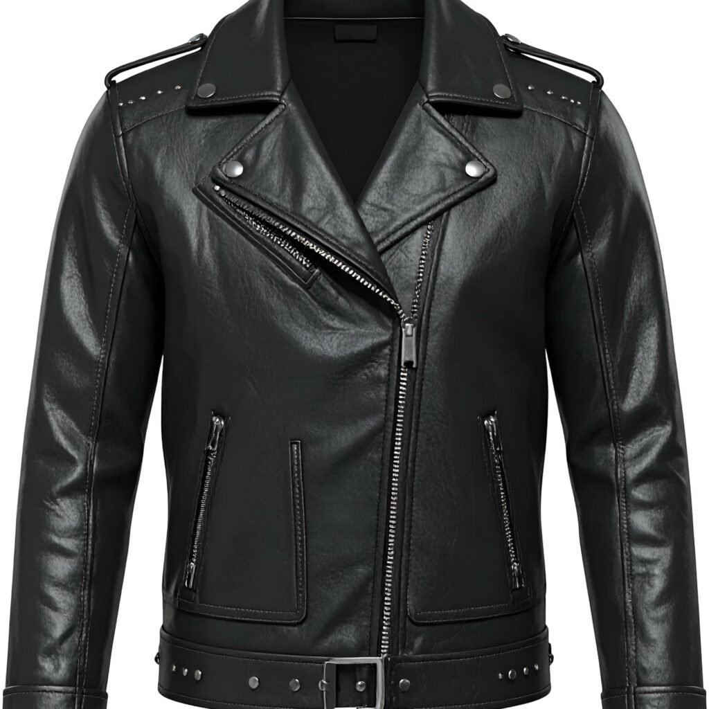 Moto Biker Jacket: Sleek Style with Modern Road Attitude Moto 7 Black leather moto biker jacket with diagonal zipper, two zippered pockets, studded belt, and shoulder epaulets