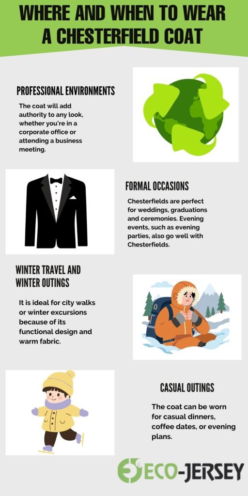 A vertical infographic with the title “Where and When to Wear a Chesterfield Coat” in bold black text on a green banner. It features four sections with illustrations: a green recycling-style icon, a formal suit icon, a person hiking in winter, and a child ice skating, each with accompanying text about professional environments, formal occasions, winter travel, and casual outings. The Eco-Jersey logo appears at the bottom.