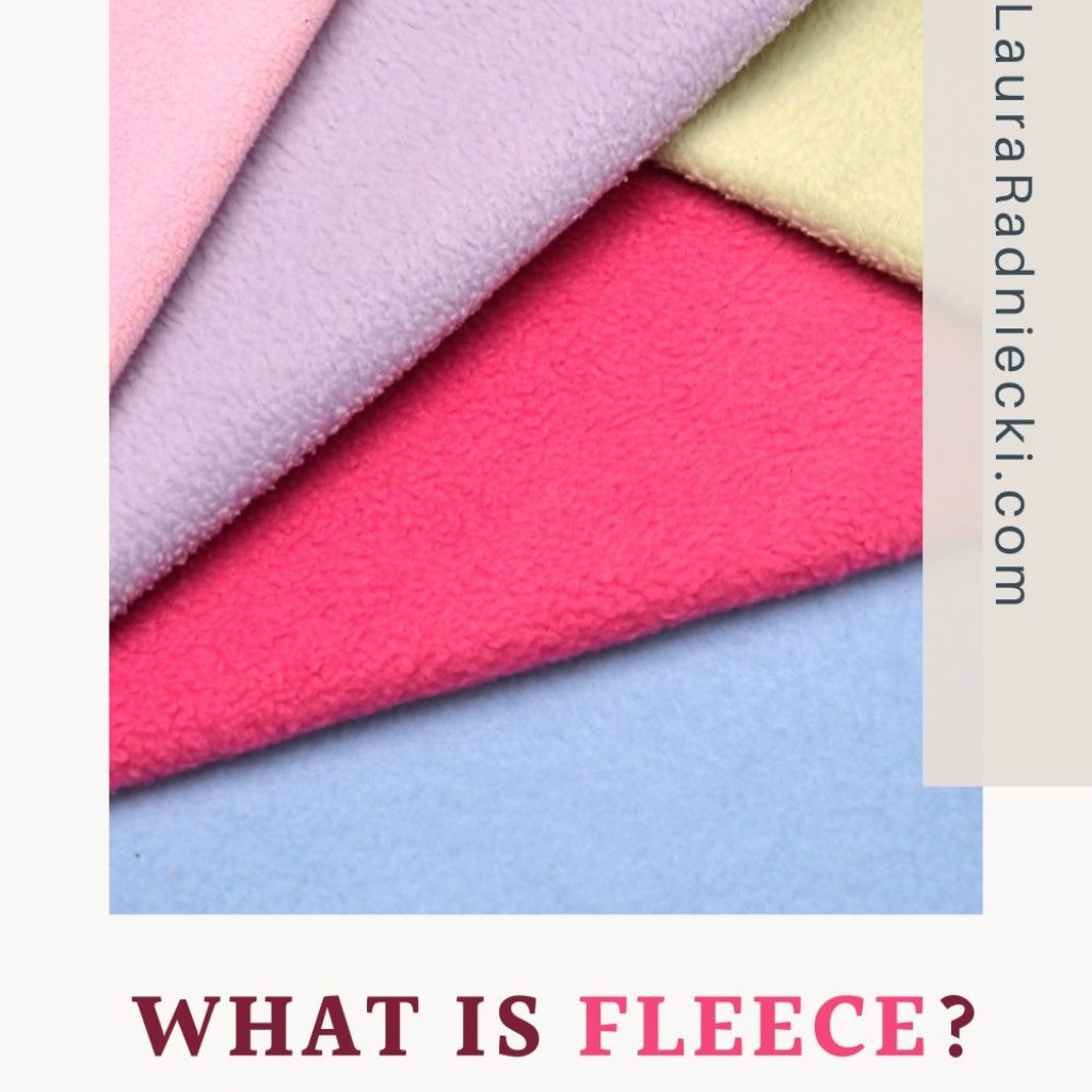 Stacked colorful fleece fabric pieces in pastel shades (pink, lavender, cream, red, and light blue) with a beige vertical stripe on the right that displays a website URL.