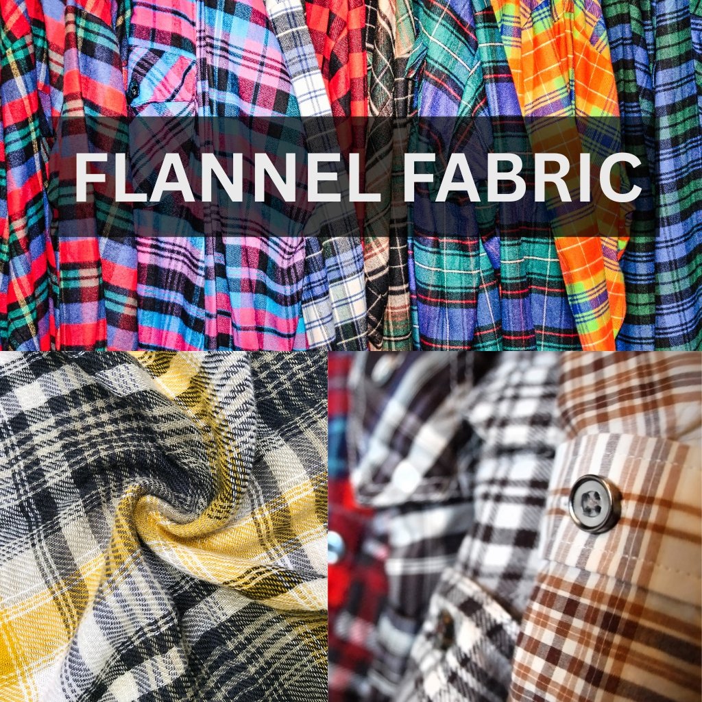 Collage of flannel fabrics in various plaid patterns and colors, with the words ‘FLANNEL FABRIC’ overlaid in a dark translucent banner.