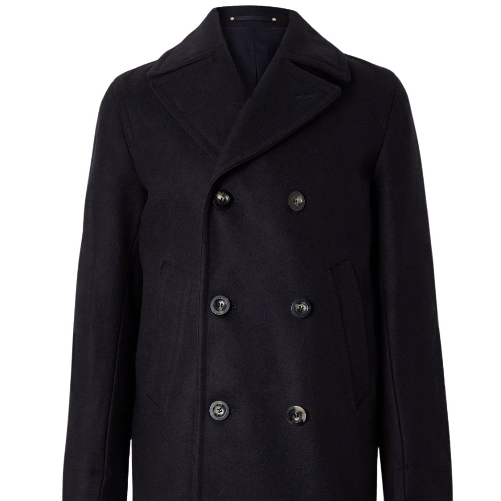 Topcoat Jackets Stylish Outerwear for a Sharp Seasonal Look 13 A plain black double-breasted pea coat with six visible buttons and wide lapels.