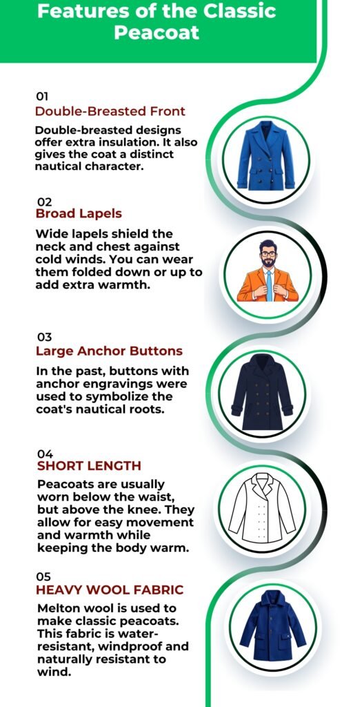 Infographic about features of the Classic Peacoat, showing five features with icons: double-breasted front, broad lapels, large anchor buttons, short length, heavy wool fabric, each with a descriptive paragraph and small circular illustrations of coats or icons.
