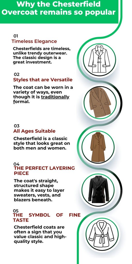 An infographic titled “Why the Chesterfield Overcoat remains so popular” with five numbered sections and circular illustrations of coats along the right side.