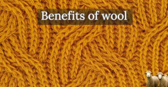Close-up of thick orange wool yarn with a header text overlay that reads ‘Benefits of wool’ and a small group of sheep in the bottom right corner.