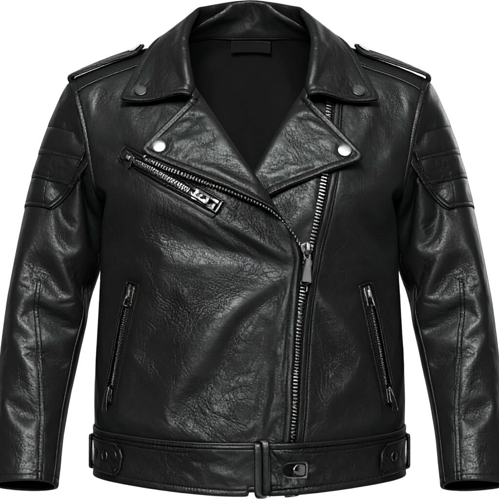 A black leather biker jacket with silver zippers and snap buttons. It features a wide lapel, diagonal zip closure, zippered pockets, padded shoulder details, and a belted hem.