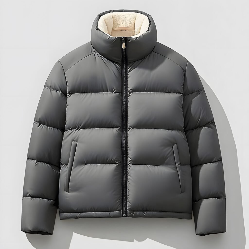 A close-up image of a dark gray puffer jacket with a soft, cream-colored shearling lining visible at the collar."