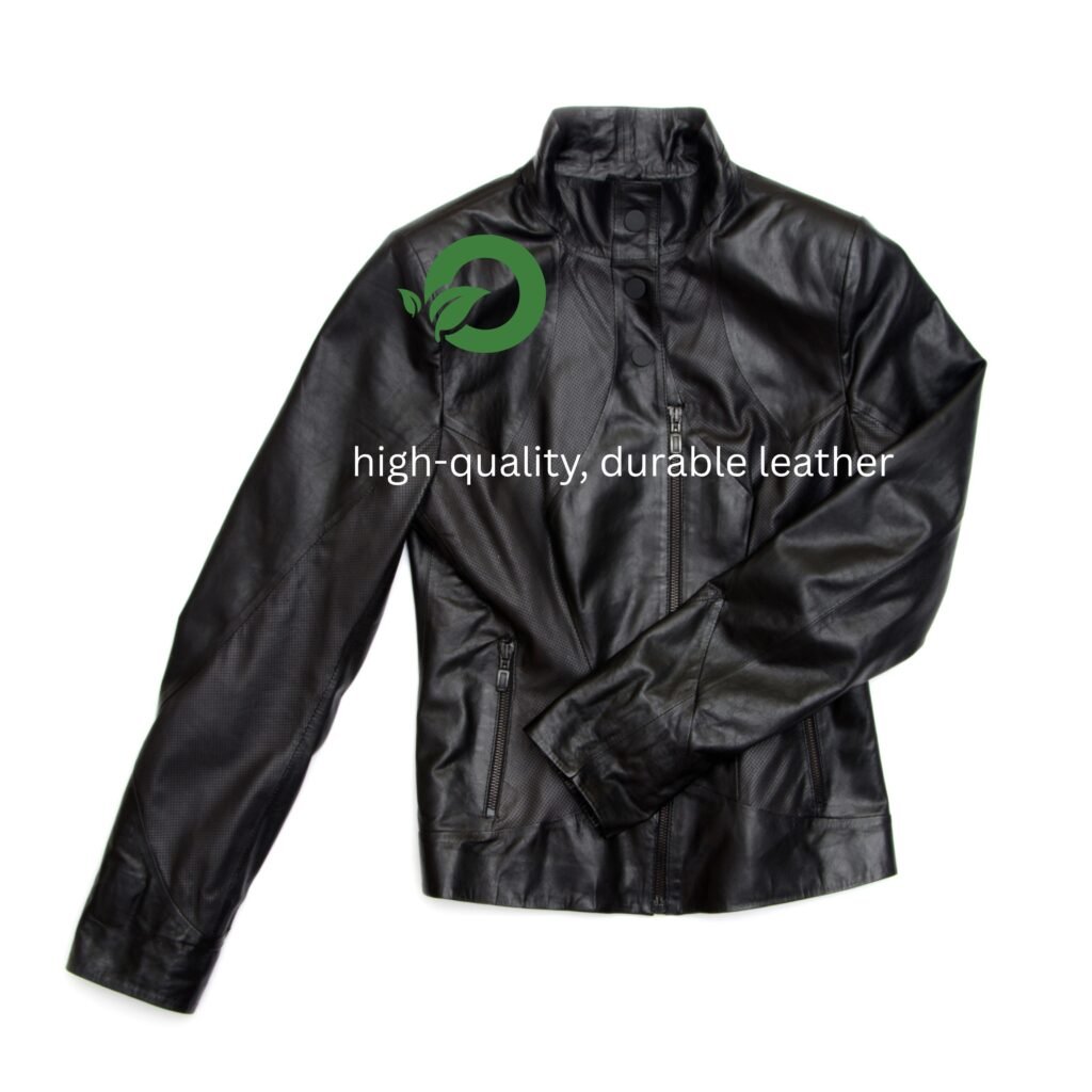 A black vintage field-style leather jacket with a front zipper and zip pockets, shown on a white background. A green circular eco-emblem sits on the left chest area, and white text reads “high-quality, durable leather.”