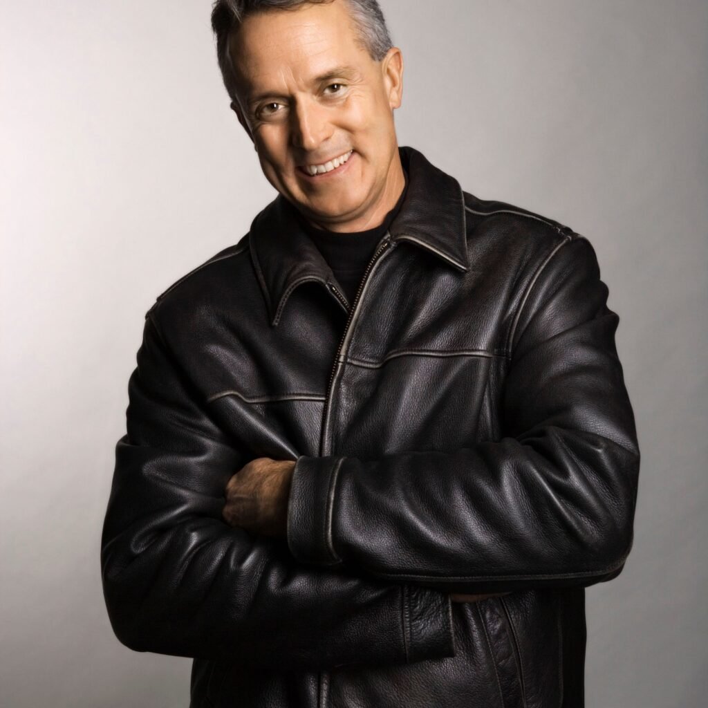A smiling man wearing a black leather vintage-style field jacket with folded arms, posing against a neutral backdrop.