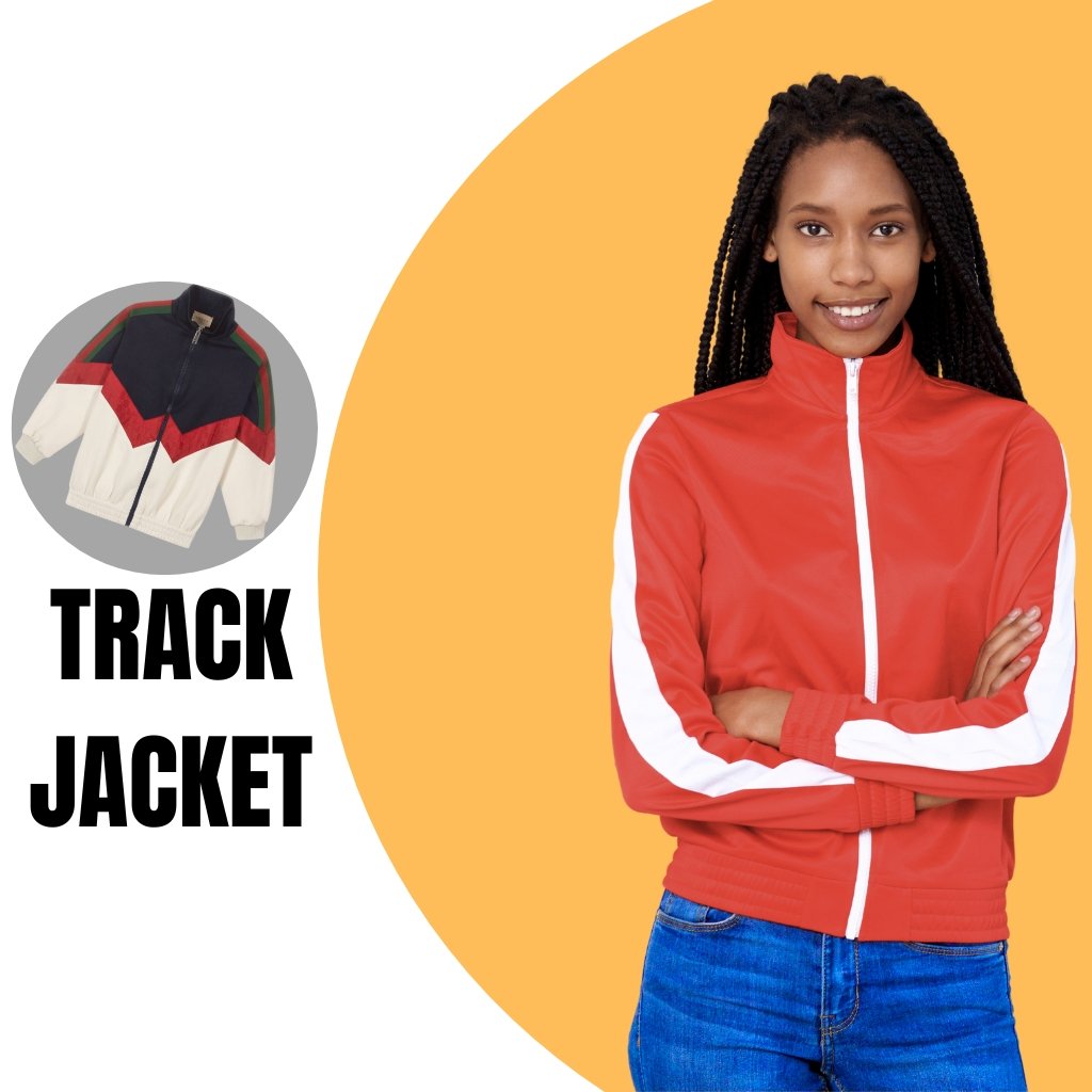 A smiling woman wearing a bright red track jacket with white stripes, standing in front of a large orange circle; inset circle shows a vintage color-block track jacket. Bold black text reads “TRACK JACKET” on the left.