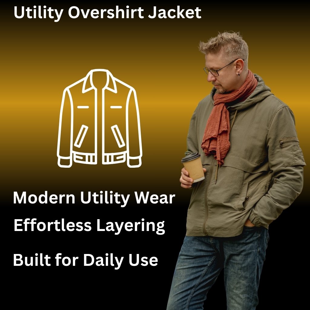 Man wearing a utility jacket holding a coffee cup, with a white jacket icon and text on a gradient black-to-gold background that reads 'Utility Overshirt Jacket' and 'Modern Utility Wear, Effortless Layering, Built for Daily Use.