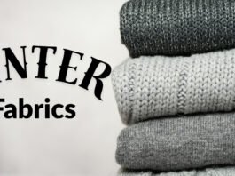Stack of folded winter fabrics in shades of gray with the words 'WINTER Fabrics' displayed on the left.