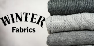 A Complete Guide to Winter Fabrics Keeps You Warm & Cozy Stack of folded winter fabrics in shades of gray with the words 'WINTER Fabrics' displayed on the left.