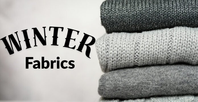 Stack of folded winter fabrics in shades of gray with the words 'WINTER Fabrics' displayed on the left.
