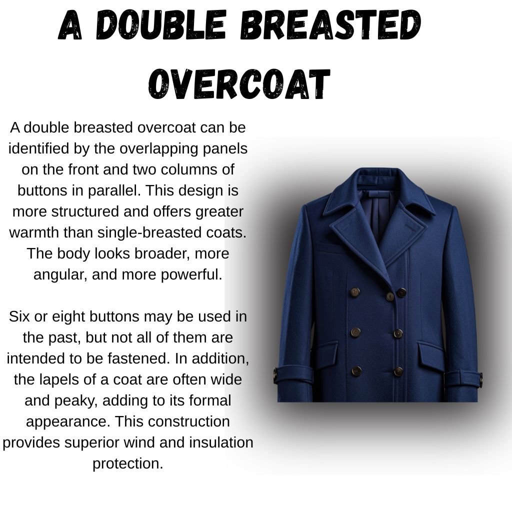 Promotional image of a dark navy double-breasted wool overcoat on the right with a blurred gray shadow behind. Left side contains large bold title text 'A DOUBLE BREASTED OVERCOAT' and body paragraph describing features.