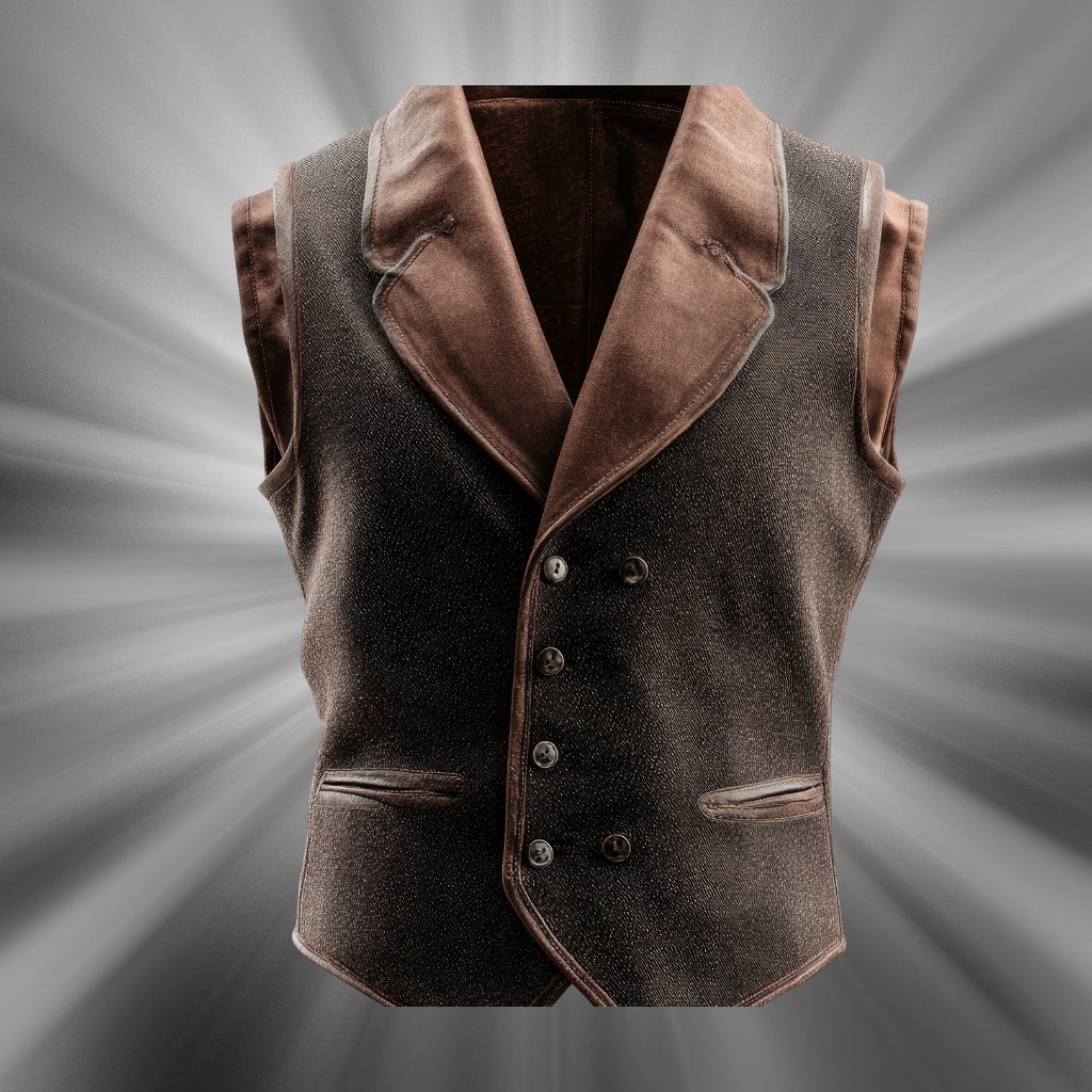 Brown and black leather vest jacket with a wide lapel, button front, and pockets, displayed against a radial gray backdrop.Stylish Leather Vest Jacket for Men