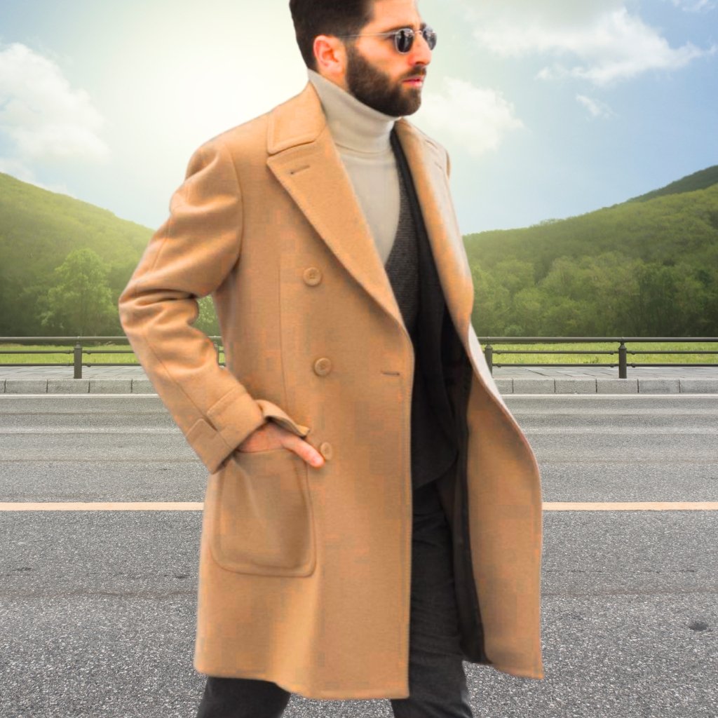 A man with a beard wearing sunglasses and a tan overcoat, walking on a road with green hills in the background and sunlight streaming in from the left.
